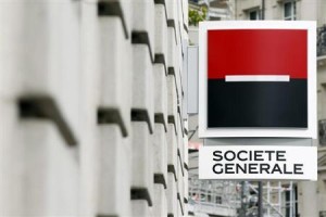 General view of a the logo outside a branch of French bank Societe Generale in Paris