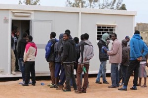 A group of Senegalese illegal immigrants are held at the Alkarareem immigration centre in the east of Misrata